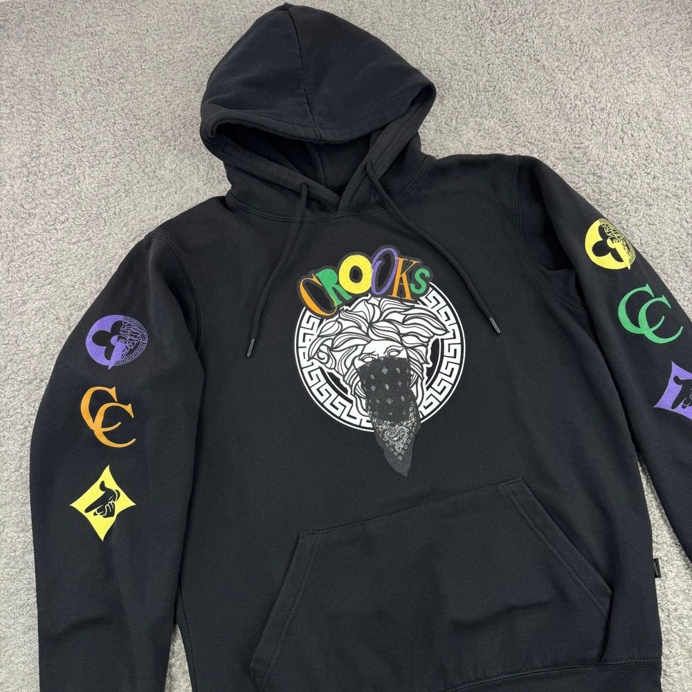 Crooks and Castles Mens Medusa Bandana Graphic Hoodie Black Medium Streetwear